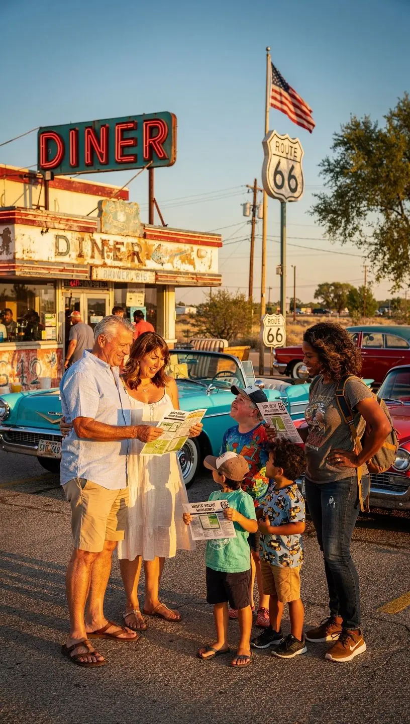 Kolorowe znaki drogowe z informacjami o lokalnych atrakcjach turystycznych na trasie.